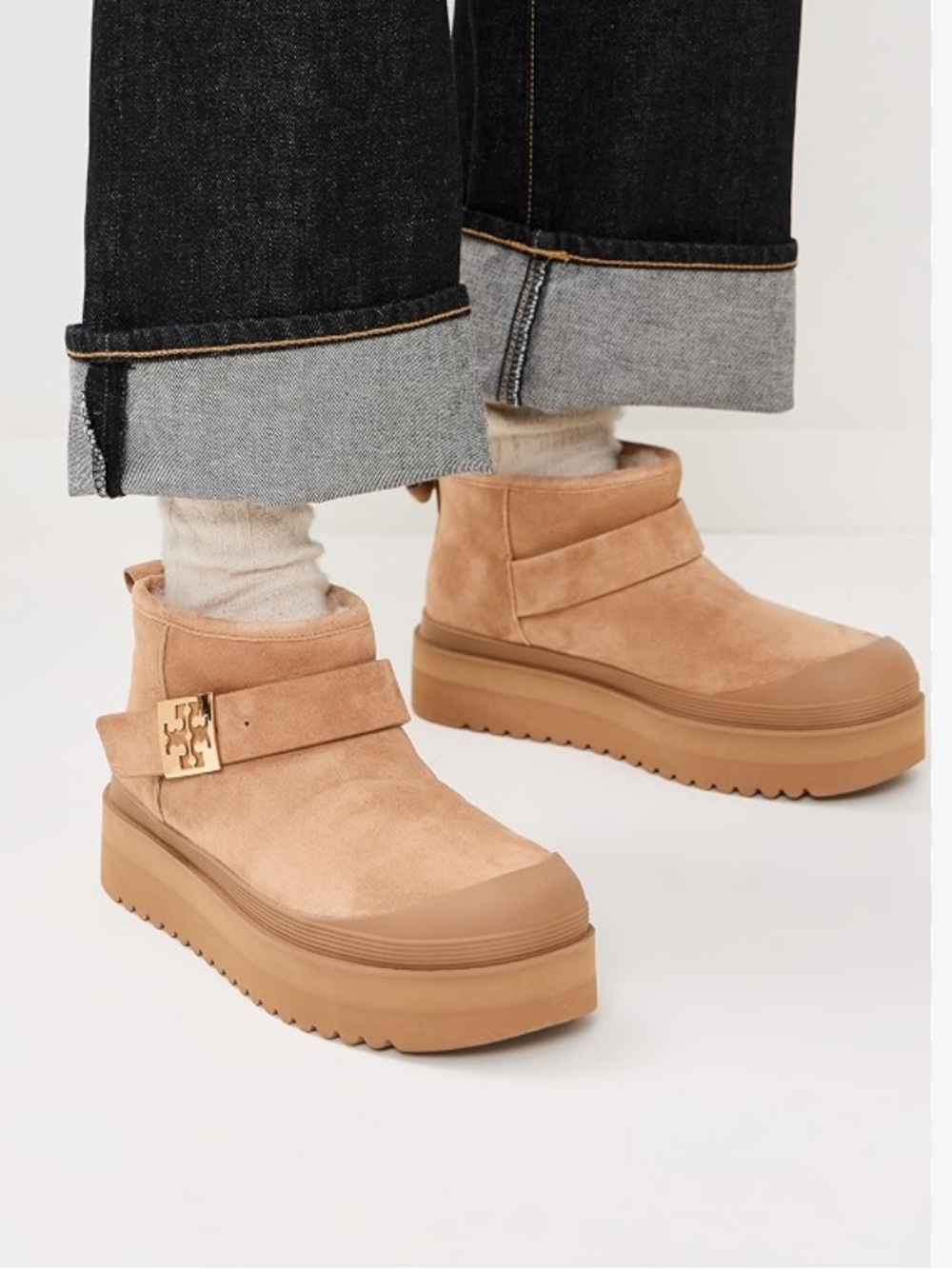 Tory Burch Mellow Tan Suede Shearling Platform Boots Women’s Size 6